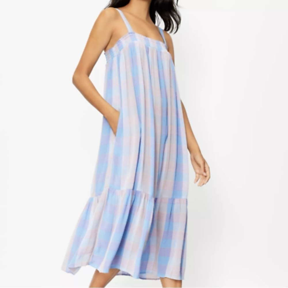 🆕 Loft Blue/Pink Plaid Smocked Pocket Midi Dress, Size L